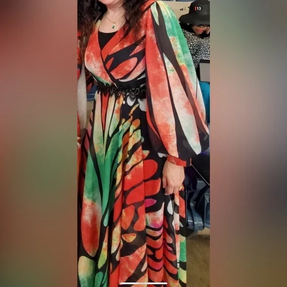 SHEIN Multicolor Vibrant Butterfly Print Long Sleeve Flowy Maxi Dress Size  3XL - threedaughtersproperties.com